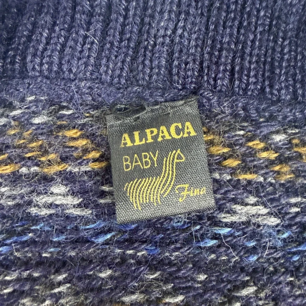 Vintage Alpaca Baby Fina Peru Hand Knitted Fair Isle Sweater Navy Blue Mens XL